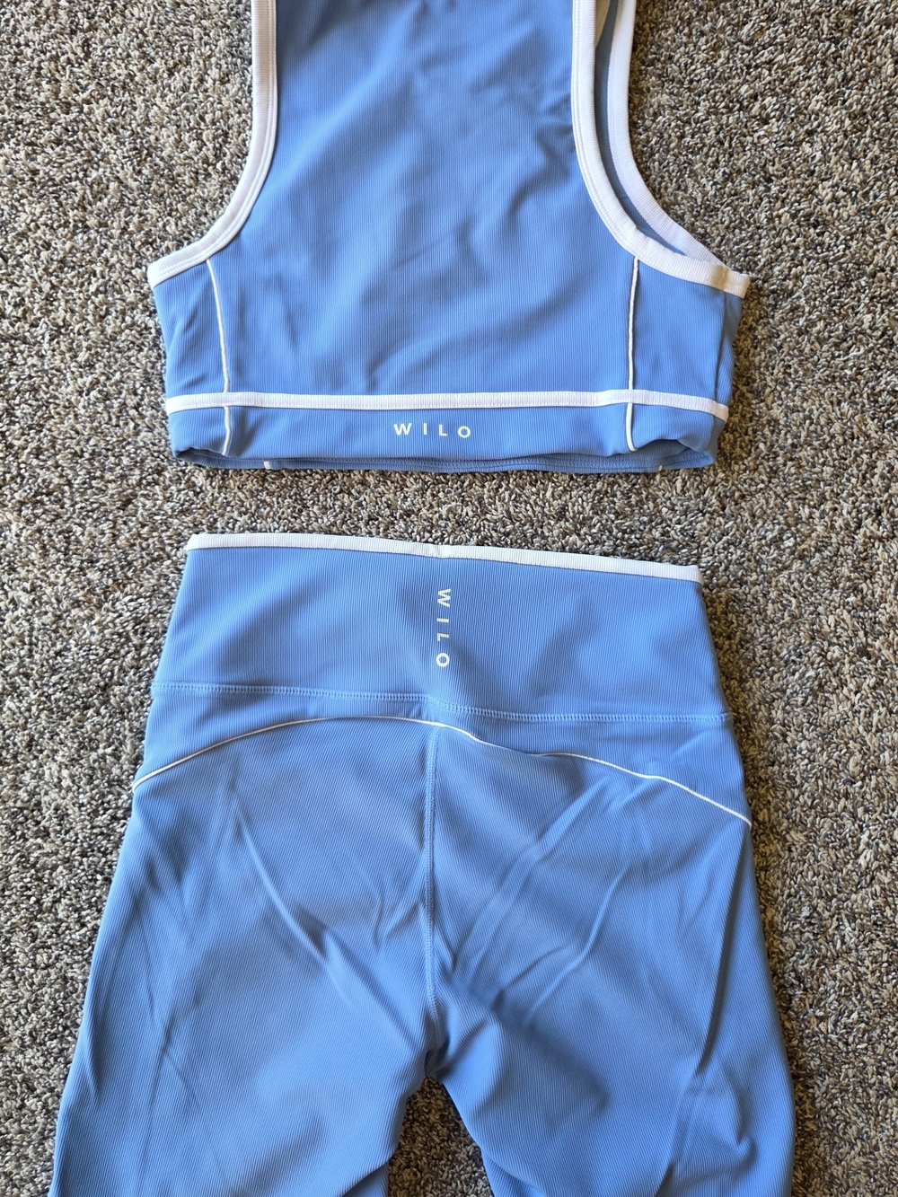 High-Waist Blue Bike Shorts with White Trim & Matching Top— Athletic Fit - Picture 5 of 7